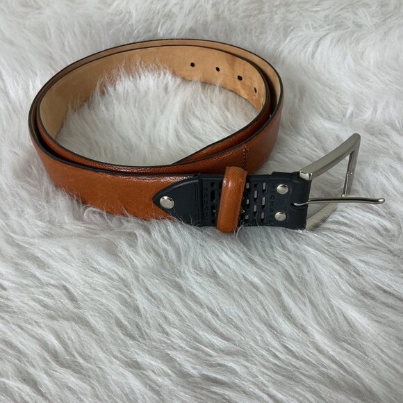 Michael Toschi Brown Leather Belt Black Perforated Rubber Section 42 - Picture 1 of 9